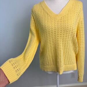 V Neck Open Knit Sweater Womens L Yellow Crochet Coastal Spring Preppy Easter